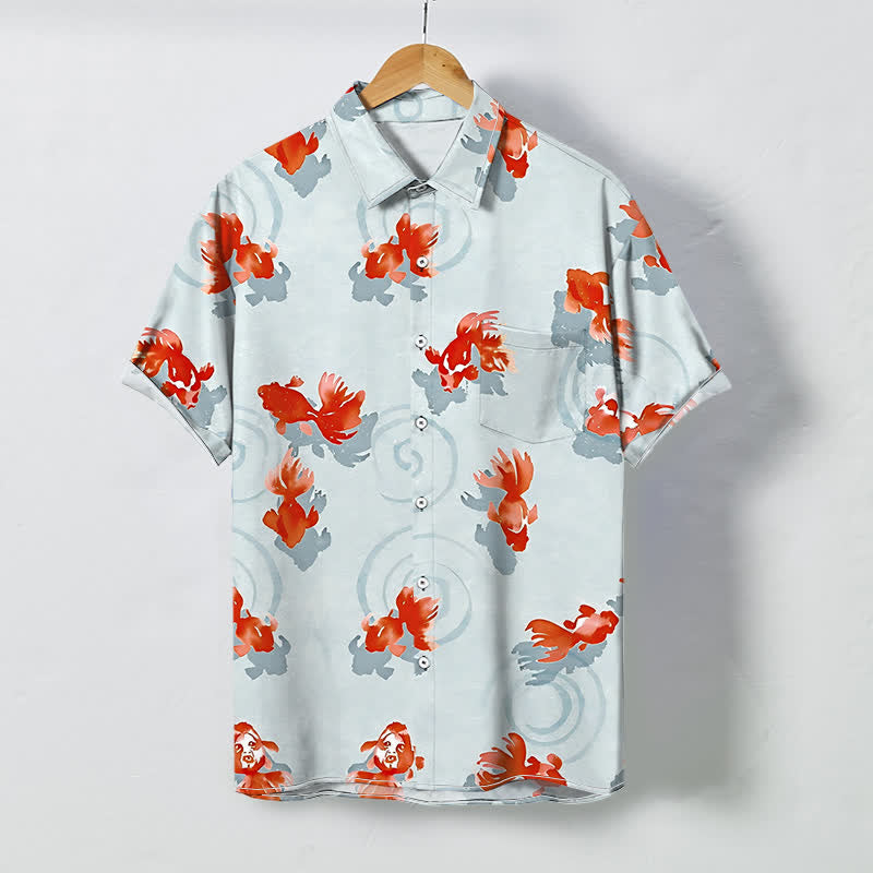 Nimara Ritual Red Koi Fish Ripple Pattern Buttons Wrinkle-resistant Men's Short Sleeve Shirt