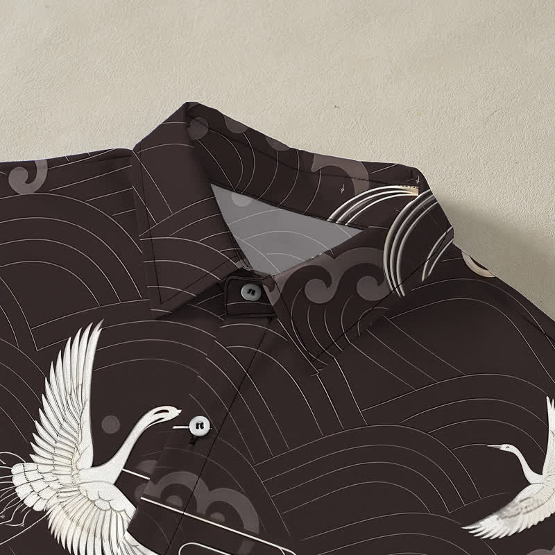 Nimara Ritual Crane Cloud Wave Pattern Buttons Breathable Men's Short Sleeve Shirt
