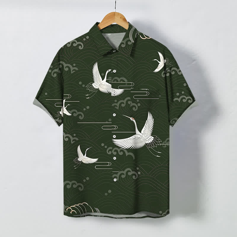 Nimara Ritual Crane Cloud Wave Pattern Buttons Breathable Men's Short Sleeve Shirt