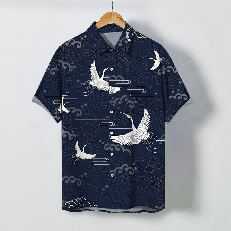 Nimara Ritual Crane Cloud Wave Pattern Buttons Breathable Men's Short Sleeve Shirt