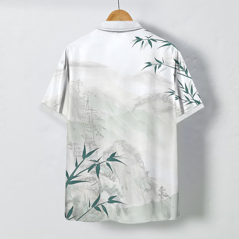 Nimara Ritual Ink Landscape Bamboo Pattern Buttons Breathable Men's Short Sleeve Shirt