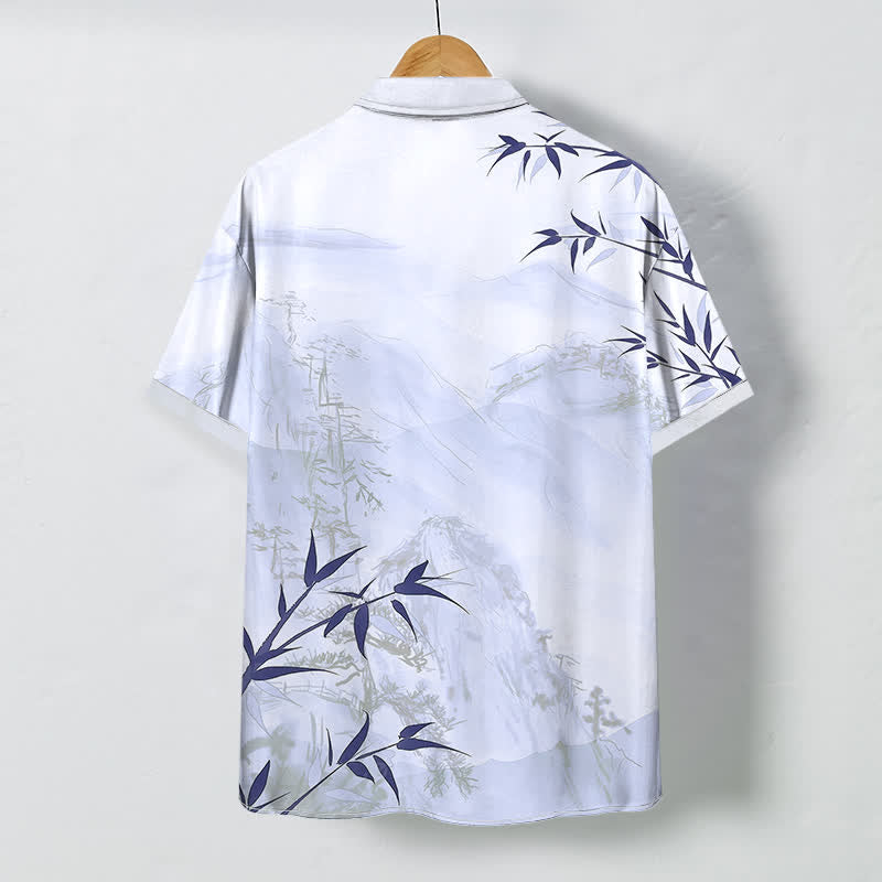 Nimara Ritual Ink Landscape Bamboo Pattern Buttons Breathable Men's Short Sleeve Shirt