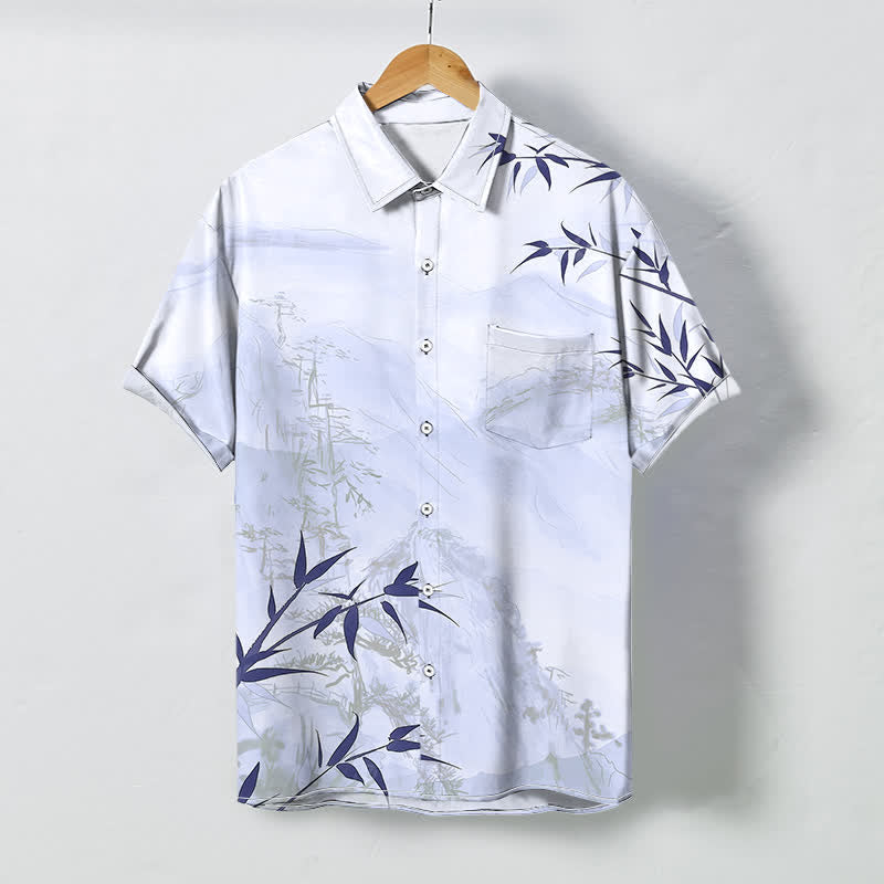 Nimara Ritual Ink Landscape Bamboo Pattern Buttons Breathable Men's Short Sleeve Shirt