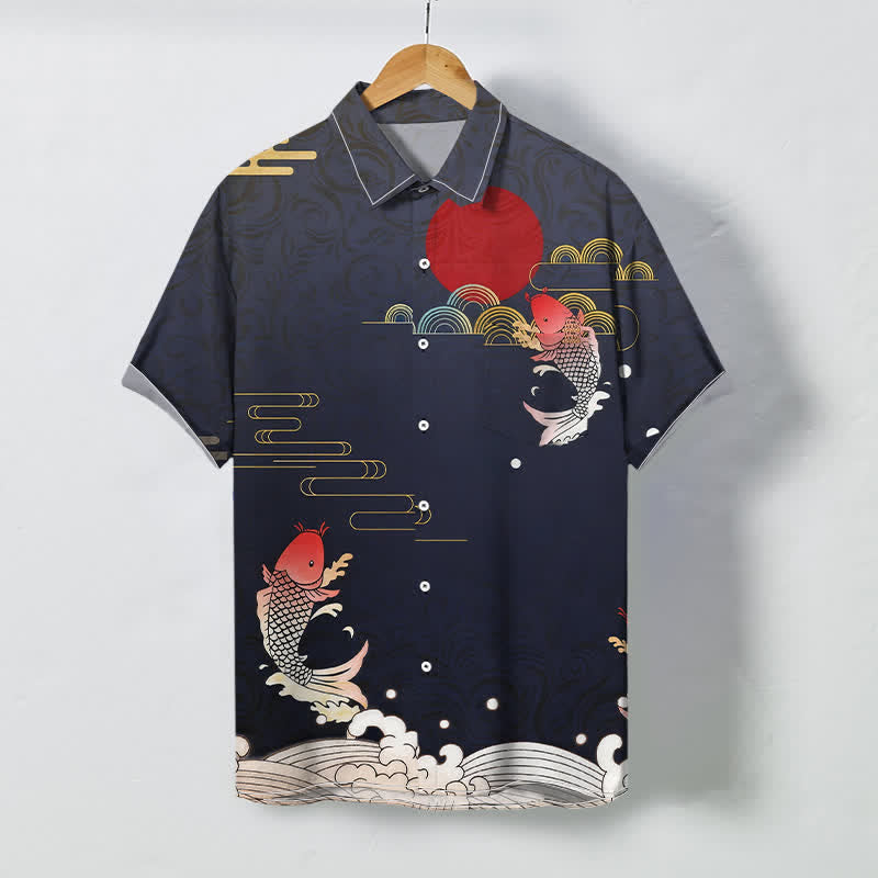 Nimara Ritual Red Koi Fish Wave Red Sun Pattern Buttons Breathable Men's Short Sleeve Shirt