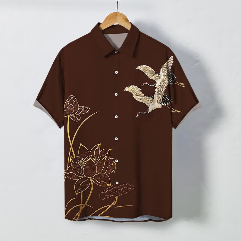 Nimara Ritual Crane Lotus Pattern Buttons Breathable Men's Short Sleeve Shirt