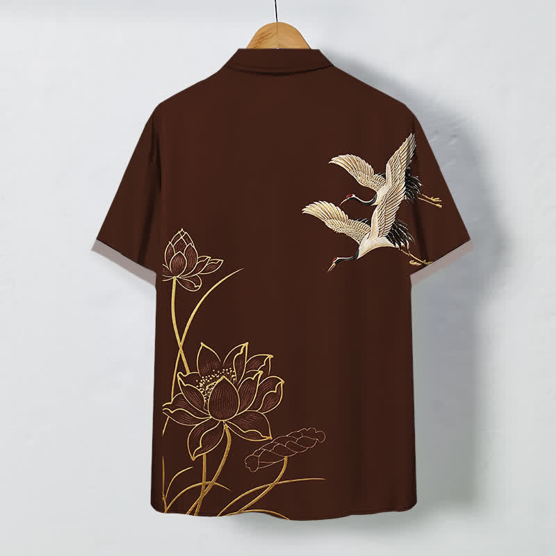 Nimara Ritual Crane Lotus Pattern Buttons Breathable Men's Short Sleeve Shirt
