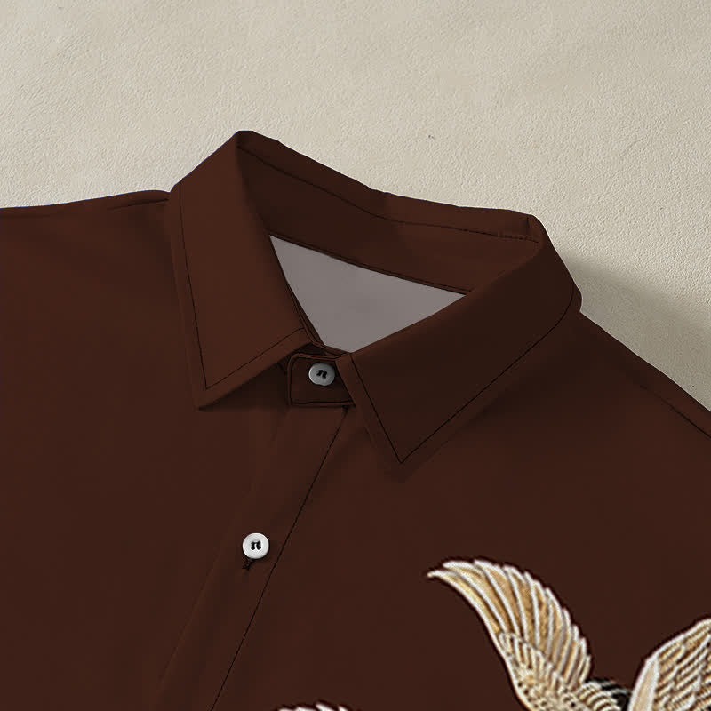Nimara Ritual Crane Lotus Pattern Buttons Breathable Men's Short Sleeve Shirt