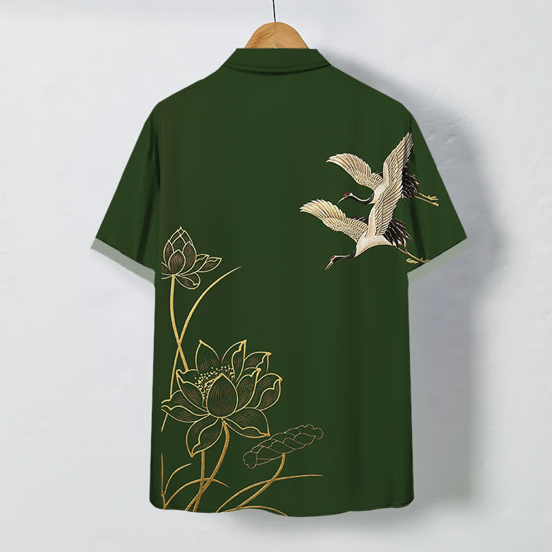 Nimara Ritual Crane Lotus Pattern Buttons Breathable Men's Short Sleeve Shirt