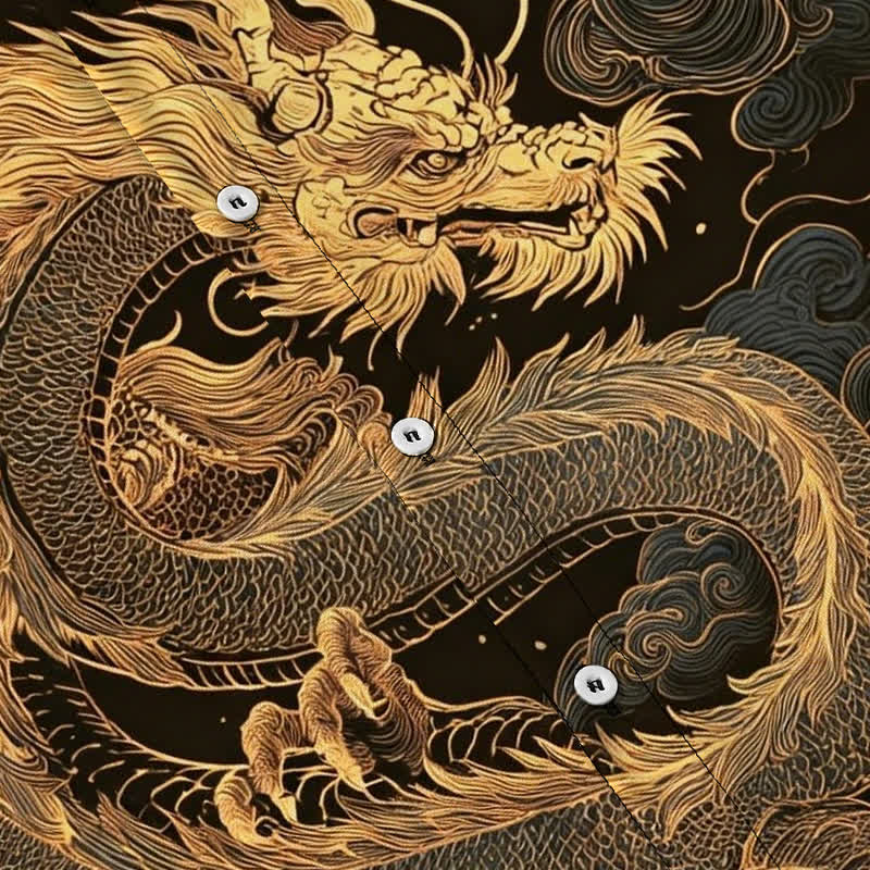 Nimara Ritual Golden Dragon Cloud Pattern Buttons Wrinkle-resistant Men's Short Sleeve Shirt