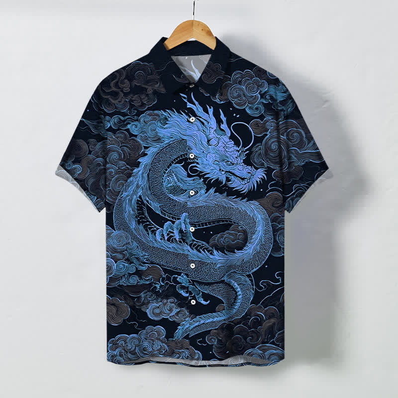 Nimara Ritual Golden Dragon Cloud Pattern Buttons Wrinkle-resistant Men's Short Sleeve Shirt