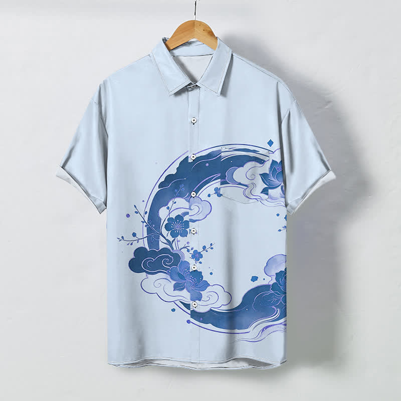 Nimara Ritual Oriental Floral Lotus Peach Blossoms Cloud Pattern Buttons Breathable Men's Short Sleeve Shirt