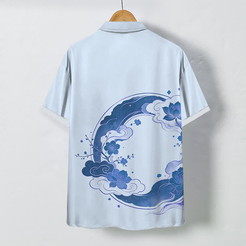 Nimara Ritual Oriental Floral Lotus Peach Blossoms Cloud Pattern Buttons Breathable Men's Short Sleeve Shirt
