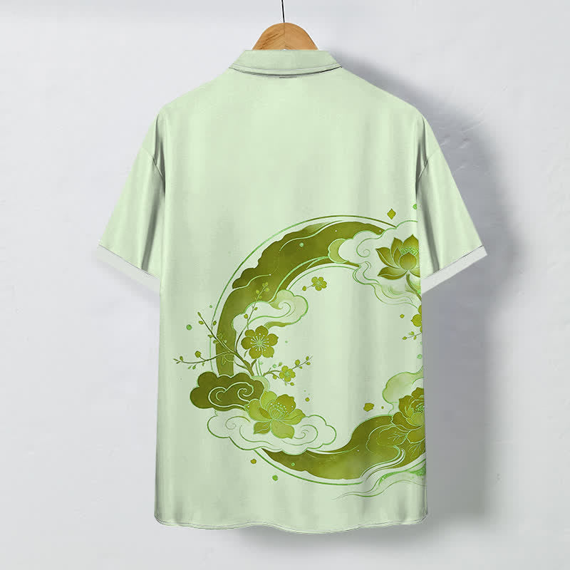 Nimara Ritual Oriental Floral Lotus Peach Blossoms Cloud Pattern Buttons Breathable Men's Short Sleeve Shirt