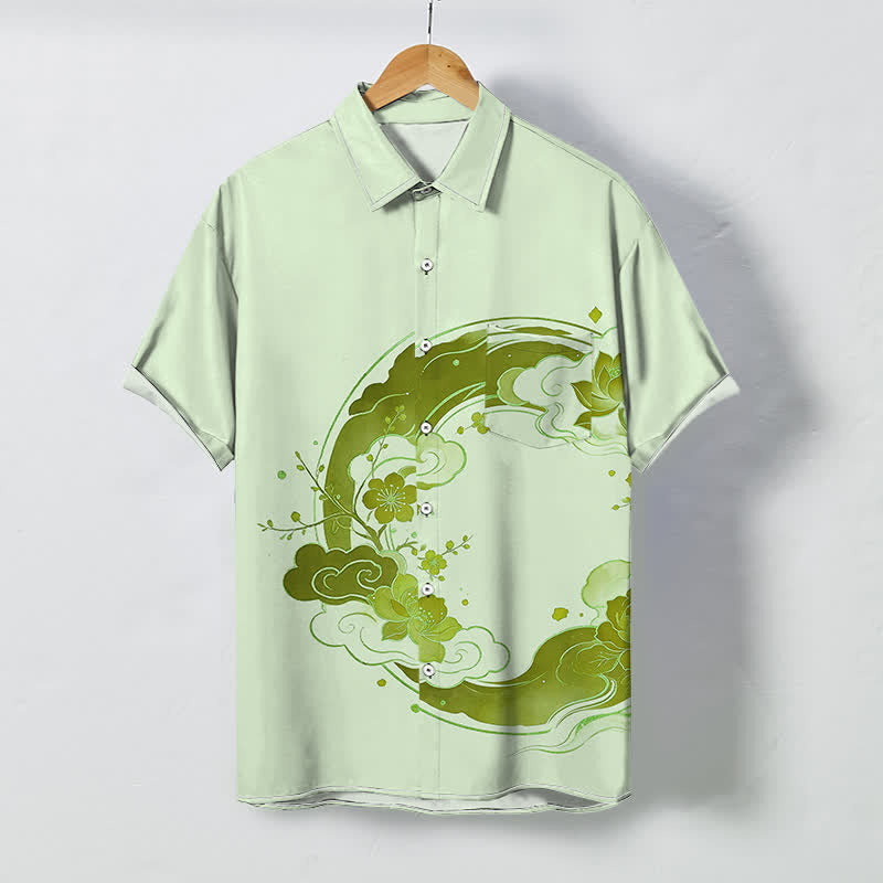 Nimara Ritual Oriental Floral Lotus Peach Blossoms Cloud Pattern Buttons Breathable Men's Short Sleeve Shirt