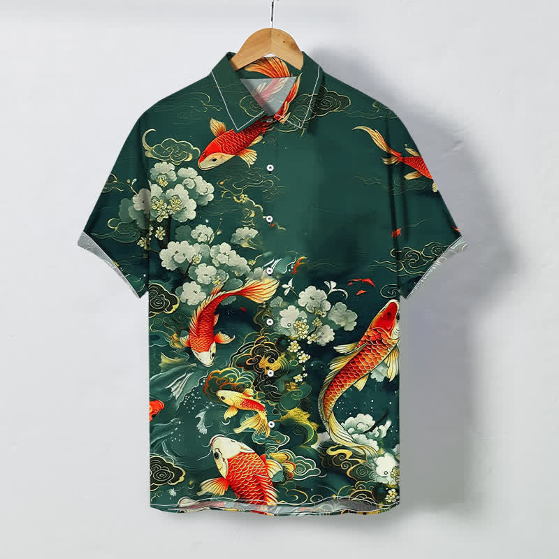 Nimara Ritual Red Koi Fish Cloud Wave White Floral Pattern Buttons Wrinkle-resistant Men's Short Sleeve Shirt