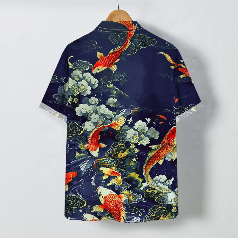Nimara Ritual Red Koi Fish Cloud Wave White Floral Pattern Buttons Wrinkle-resistant Men's Short Sleeve Shirt