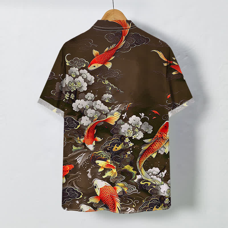 Nimara Ritual Red Koi Fish Cloud Wave White Floral Pattern Buttons Wrinkle-resistant Men's Short Sleeve Shirt