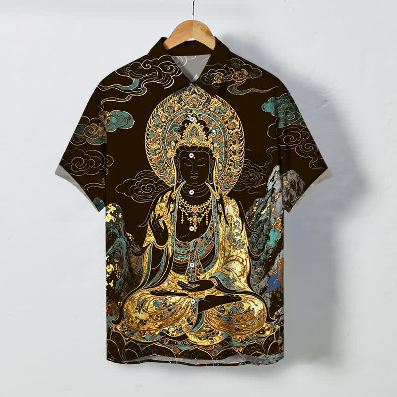 Nimara Ritual Golden Buddha Cloud Pattern Buttons Wrinkle-resistant Men's Short Sleeve Shirt