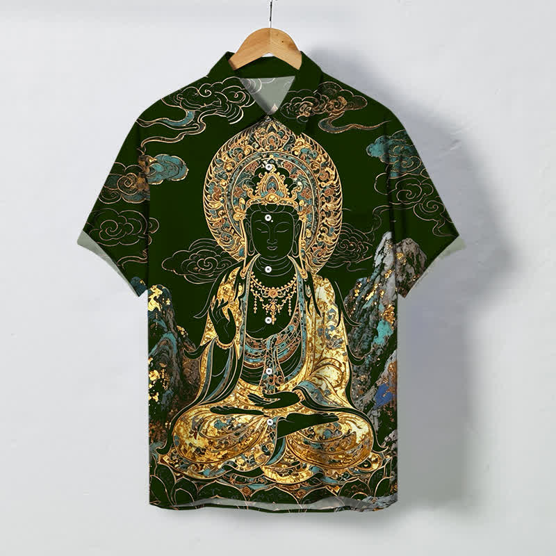 Nimara Ritual Golden Buddha Cloud Pattern Buttons Wrinkle-resistant Men's Short Sleeve Shirt