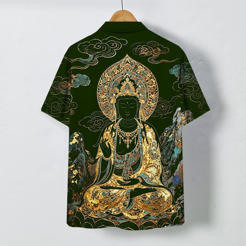 Nimara Ritual Golden Buddha Cloud Pattern Buttons Wrinkle-resistant Men's Short Sleeve Shirt