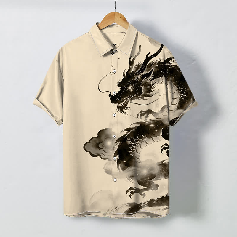 Nimara Ritual Ink Dragon Cloud Pattern Buttons Wrinkle-resistant Men's Short Sleeve Shirt