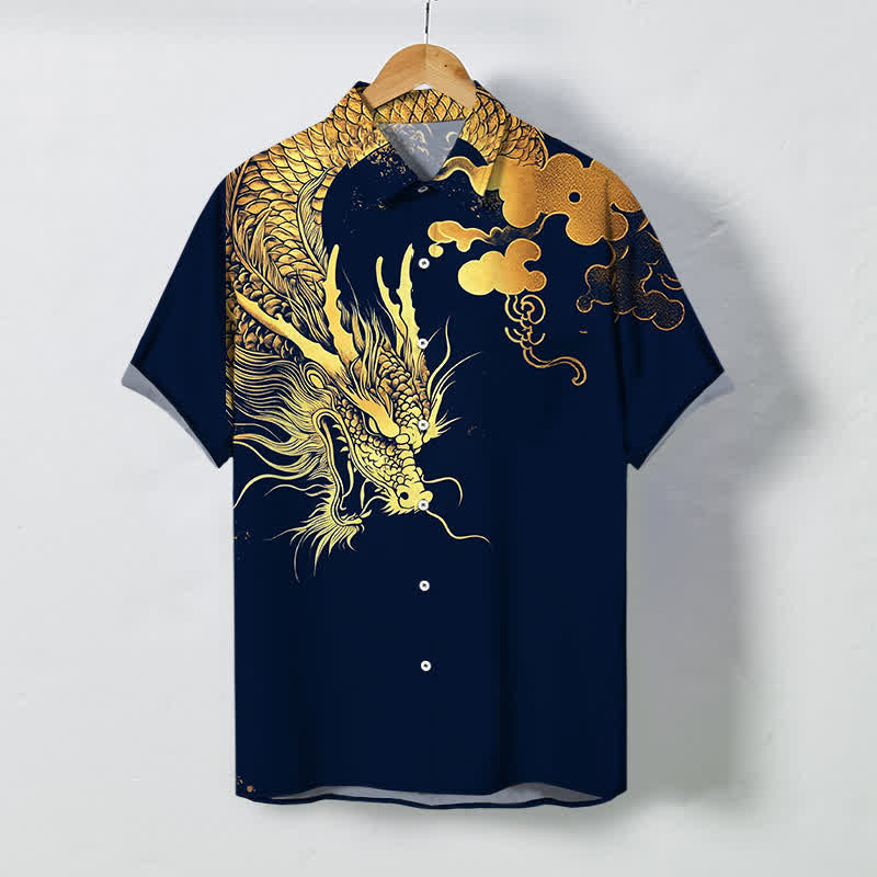 Nimara Ritual Golden Dragon Cloud Pattern Buttons Wrinkle-resistant Men's Short Sleeve Shirt