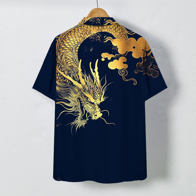 Nimara Ritual Golden Dragon Cloud Pattern Buttons Wrinkle-resistant Men's Short Sleeve Shirt