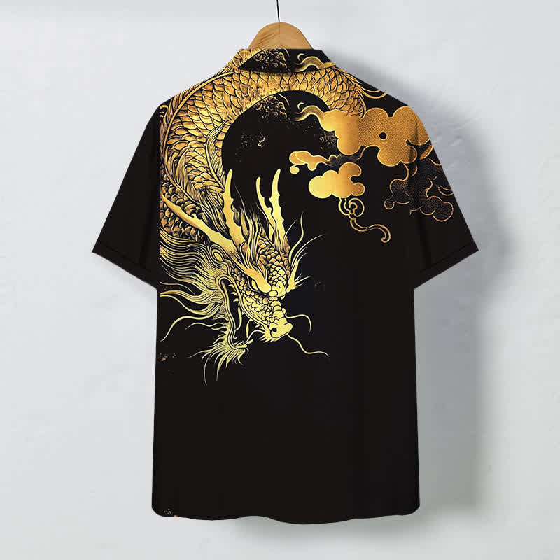 Nimara Ritual Golden Dragon Cloud Pattern Buttons Wrinkle-resistant Men's Short Sleeve Shirt