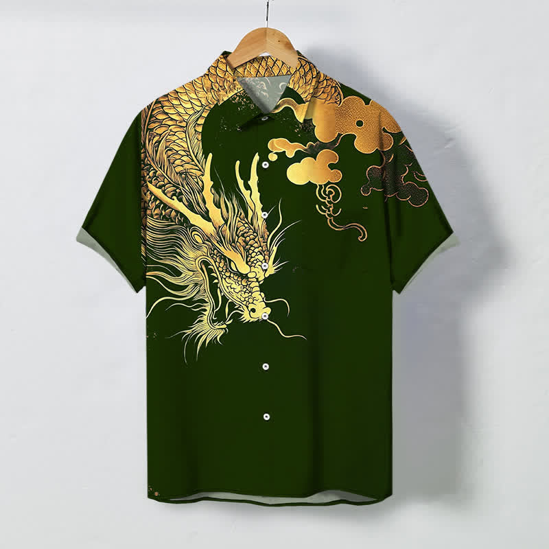 Nimara Ritual Golden Dragon Cloud Pattern Buttons Wrinkle-resistant Men's Short Sleeve Shirt