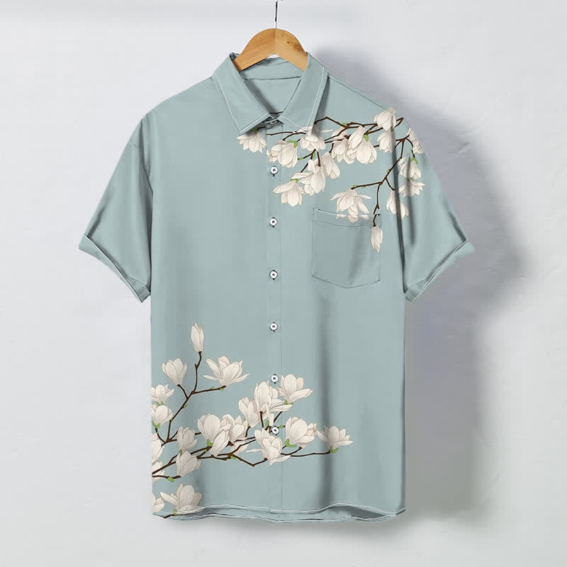 Nimara Ritual White Magnolia Floral Pattern Buttons Wrinkle-resistant Men's Short Sleeve Shirt