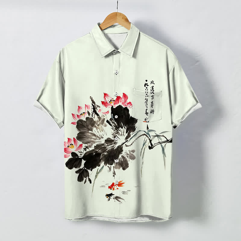 Nimara Ritual Ink Lotus Koi Fish Pattern Buttons Breathable Men's Short Sleeve Shirt