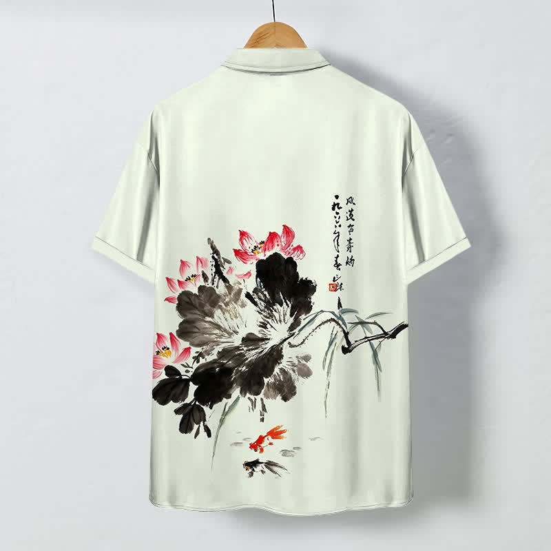 Nimara Ritual Ink Lotus Koi Fish Pattern Buttons Breathable Men's Short Sleeve Shirt