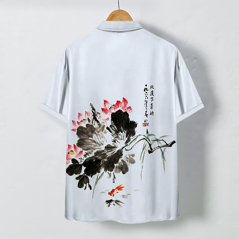 Nimara Ritual Ink Lotus Koi Fish Pattern Buttons Breathable Men's Short Sleeve Shirt
