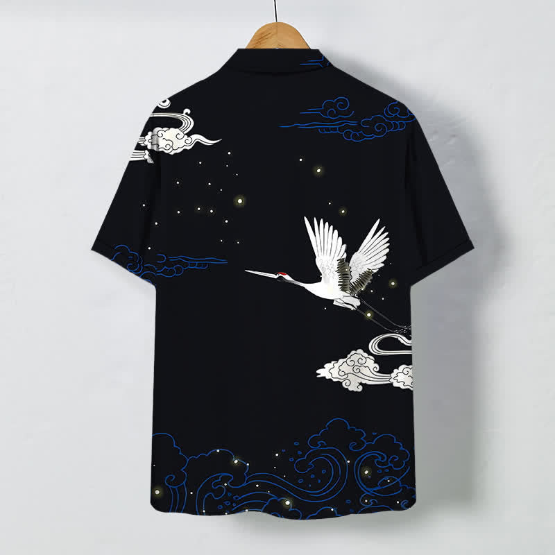 Nimara Ritual Flying Crane Cloudwave Pattern Buttons Wrinkle-resistant Men's Short Sleeve Shirt
