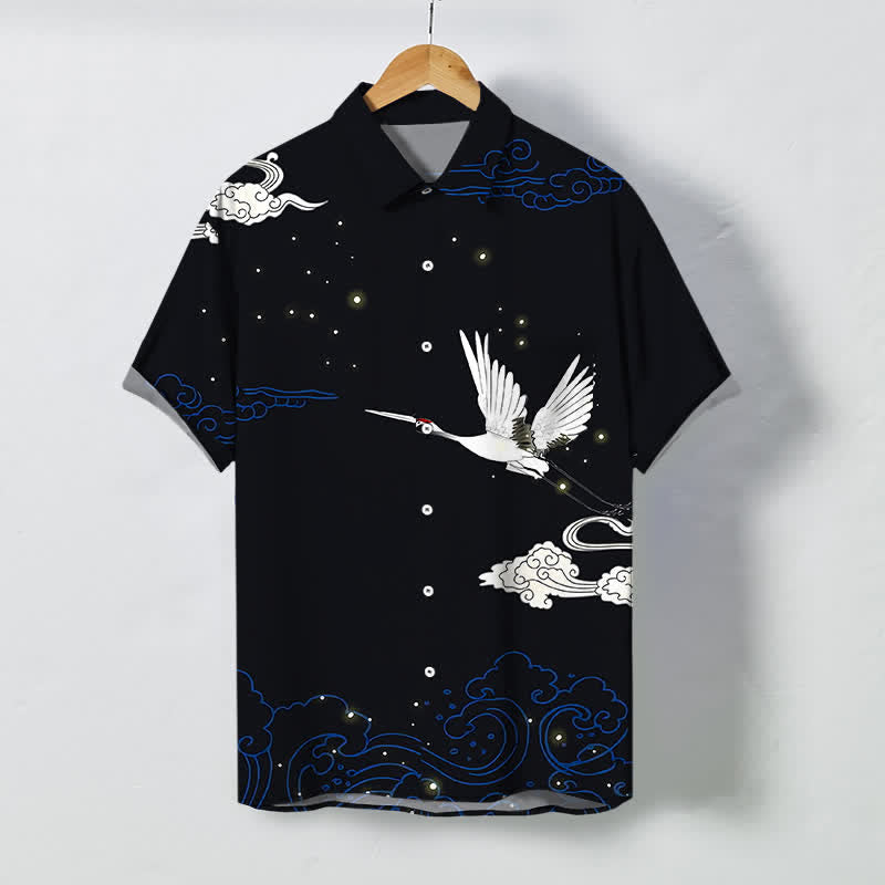 Nimara Ritual Flying Crane Cloudwave Pattern Buttons Wrinkle-resistant Men's Short Sleeve Shirt