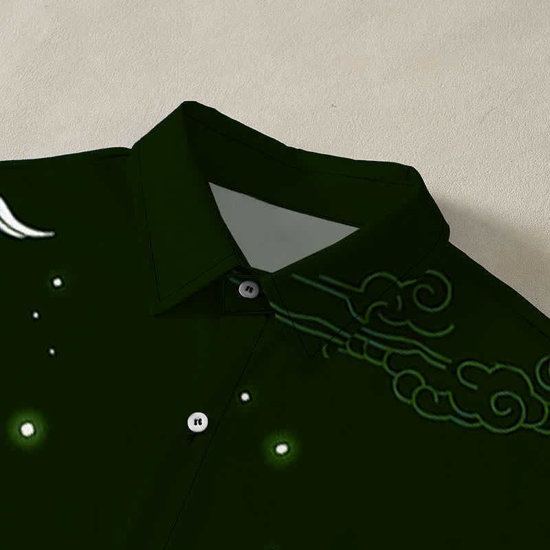 Nimara Ritual Flying Crane Cloudwave Pattern Buttons Wrinkle-resistant Men's Short Sleeve Shirt