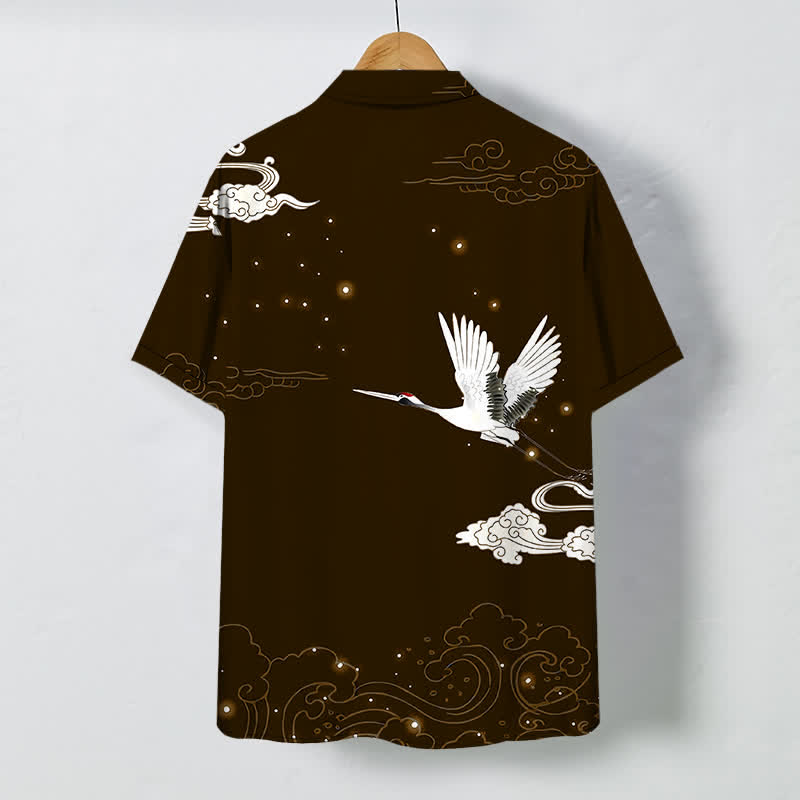Nimara Ritual Flying Crane Cloudwave Pattern Buttons Wrinkle-resistant Men's Short Sleeve Shirt