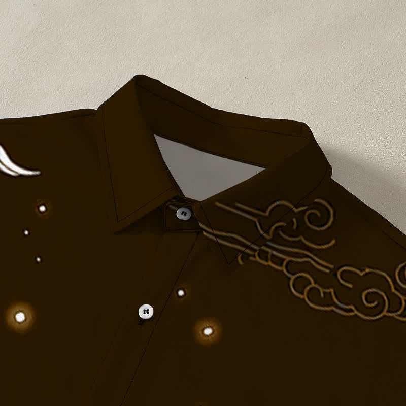 Nimara Ritual Flying Crane Cloudwave Pattern Buttons Wrinkle-resistant Men's Short Sleeve Shirt