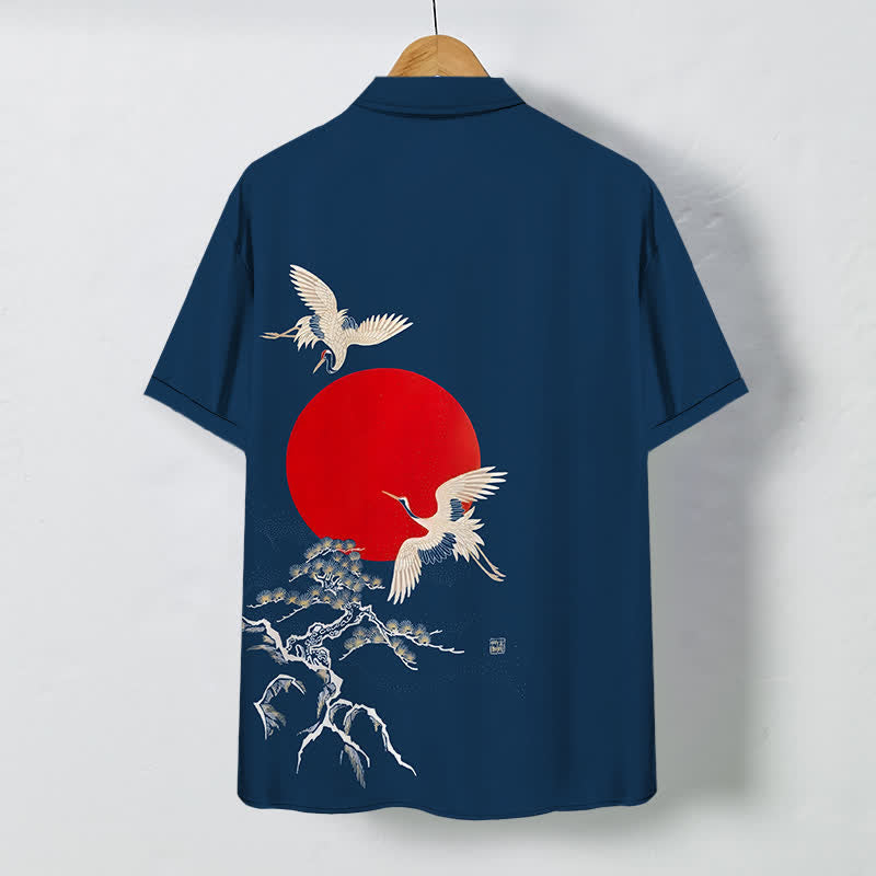 Nimara Ritual Red Sun Crane Pine Pattern Buttons Wrinkle-resistant Men's Short Sleeve Shirt