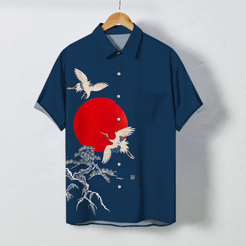 Nimara Ritual Red Sun Crane Pine Pattern Buttons Wrinkle-resistant Men's Short Sleeve Shirt