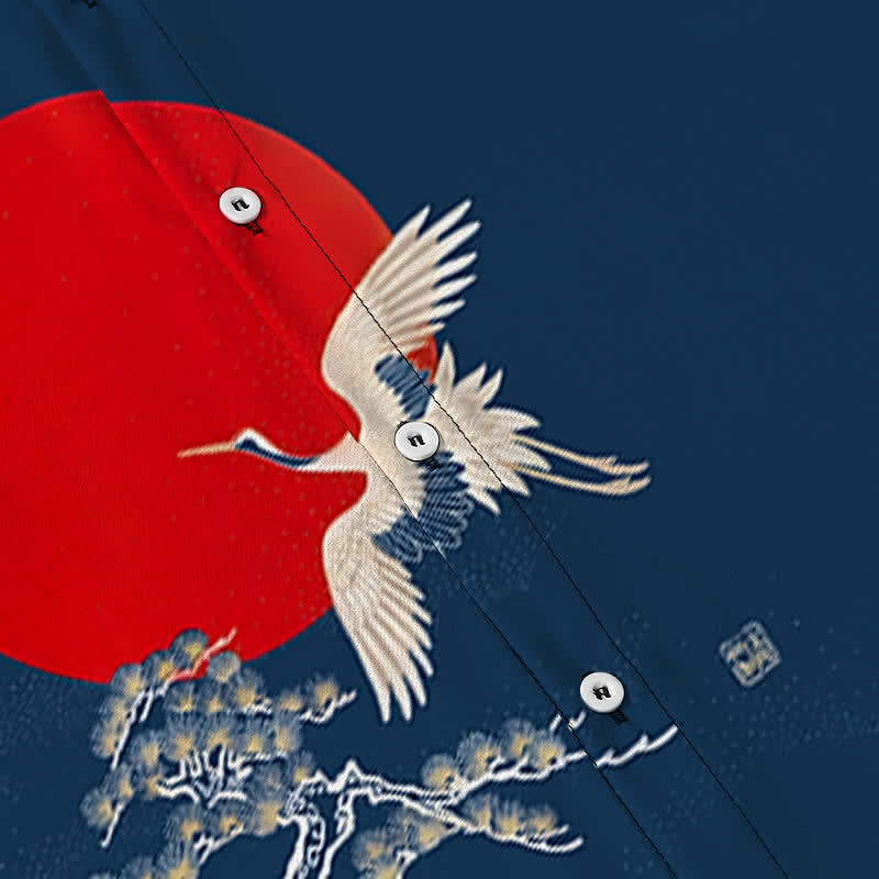 Nimara Ritual Red Sun Crane Pine Pattern Buttons Wrinkle-resistant Men's Short Sleeve Shirt