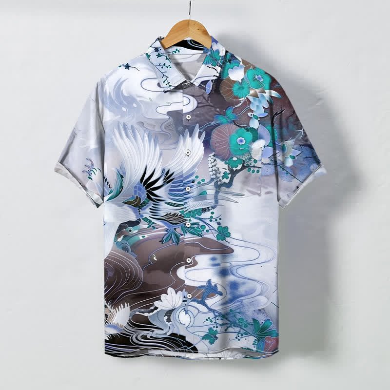 Nimara Ritual Crane Wave Floral Pattern Buttons Breathable Men's Short Sleeve Shirt