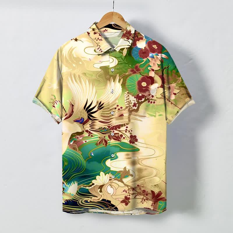 Nimara Ritual Crane Wave Floral Pattern Buttons Breathable Men's Short Sleeve Shirt