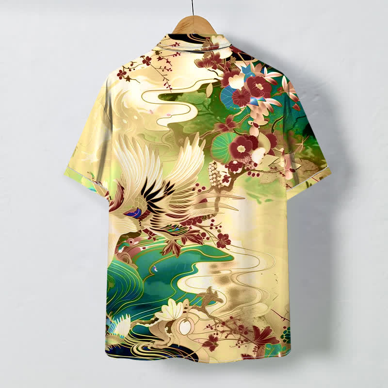 Nimara Ritual Crane Wave Floral Pattern Buttons Breathable Men's Short Sleeve Shirt