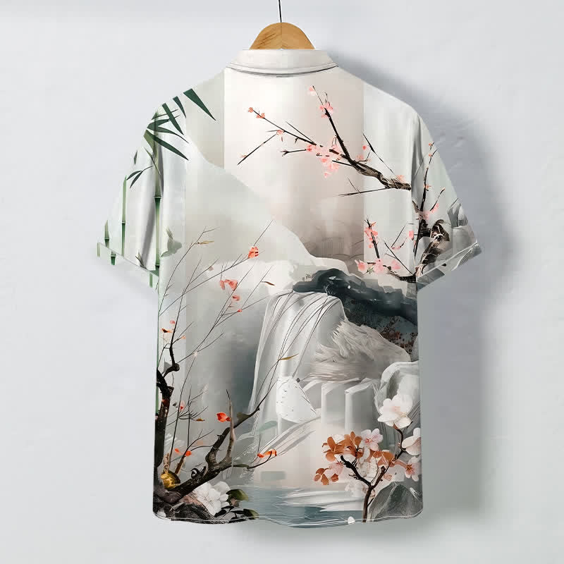 Nimara Ritual Ink Landscape Crane Blossom Pattern Buttons Wrinkle-resistant Men's Short Sleeve Shirt