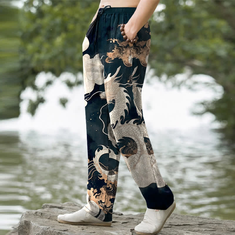 Nimara Ritual Cotton Dragon Cloud Pattern Men's Tapered Pants With Pockets