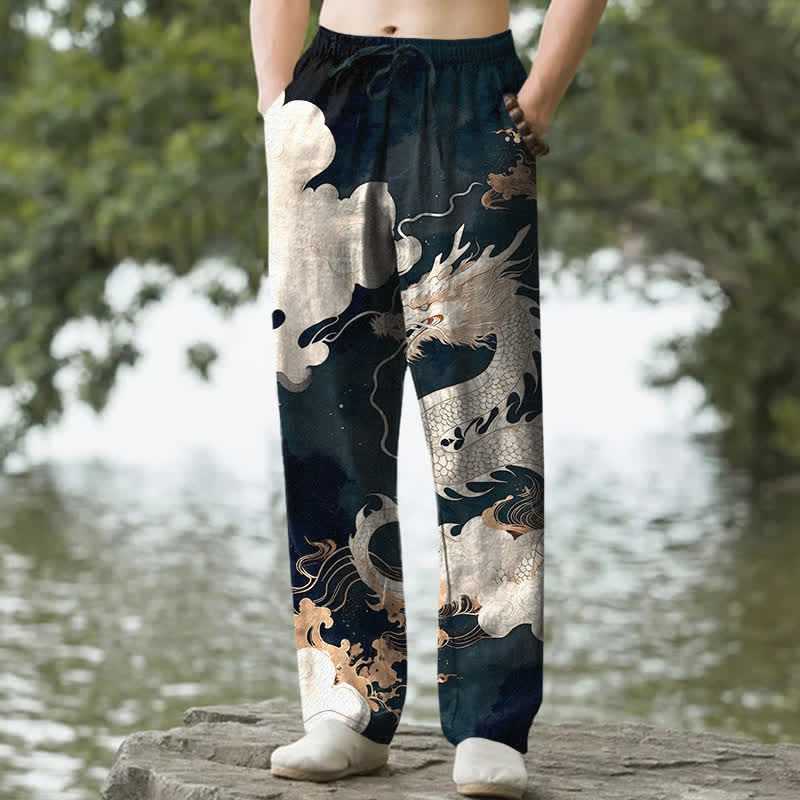 Nimara Ritual Cotton Dragon Cloud Pattern Men's Tapered Pants With Pockets