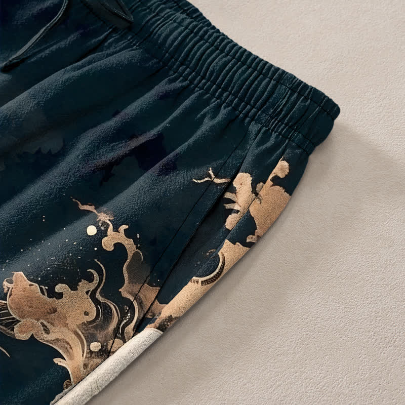 Nimara Ritual Cotton Dragon Cloud Pattern Men's Tapered Pants With Pockets