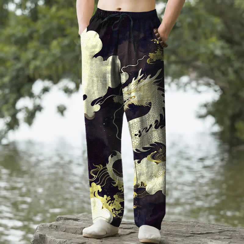Nimara Ritual Cotton Dragon Cloud Pattern Men's Tapered Pants With Pockets