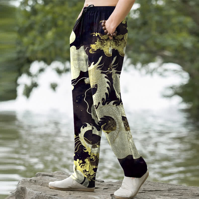 Nimara Ritual Cotton Dragon Cloud Pattern Men's Tapered Pants With Pockets